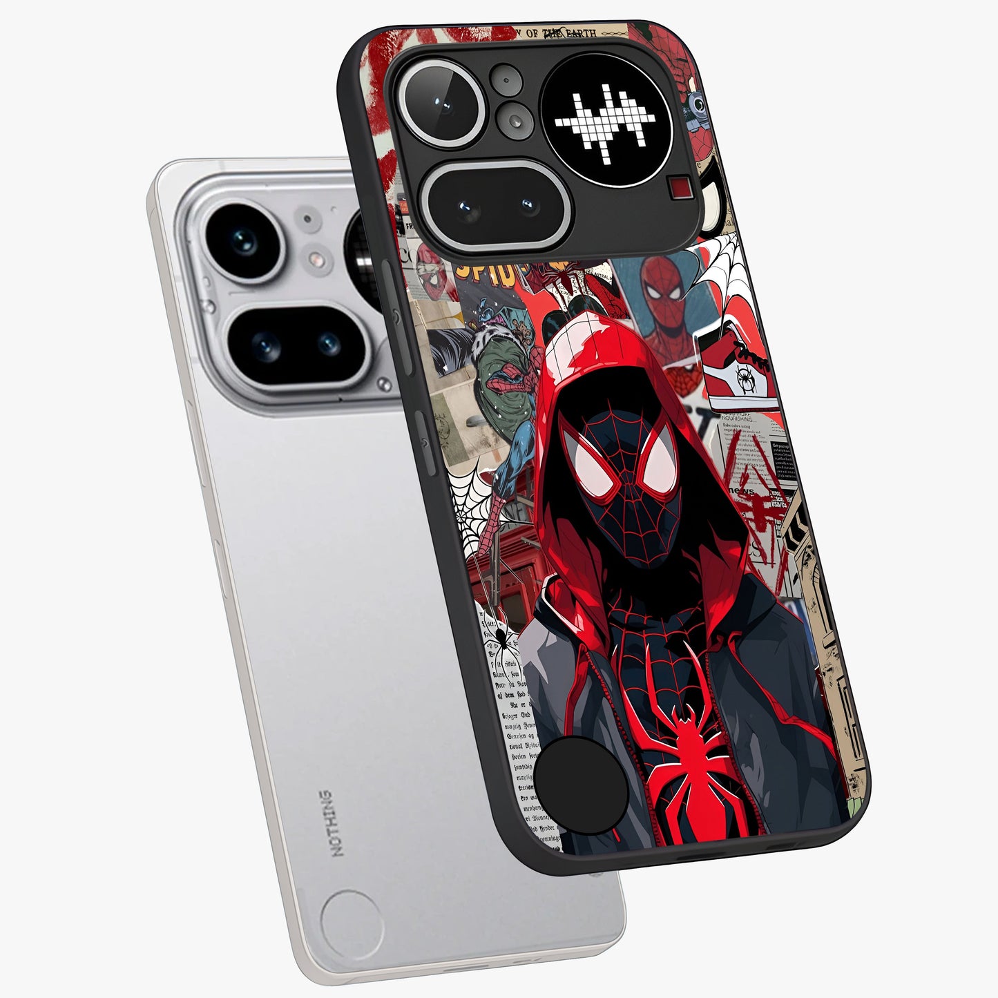 Spider Collage Street Glass Case displayed in angled mockup highlighting dynamic street style collage design with comic aesthetic.