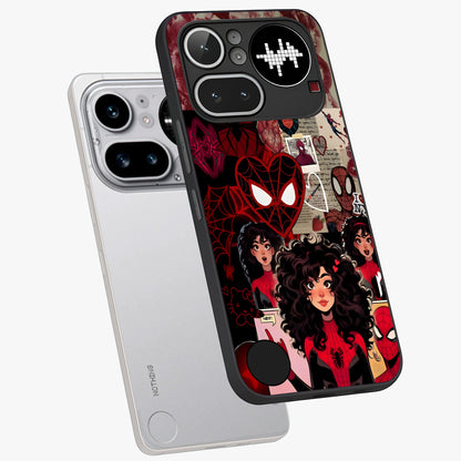 Spider Love Story Glass Case displayed in angled mockup highlighting expressive comic inspired design with playful aesthetic.