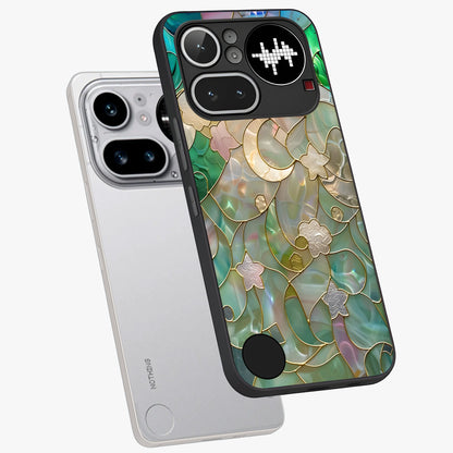 Stained Sunrise Glow Glass Case displayed in angled mockup highlighting radiant sunrise design with artistic aesthetic style.