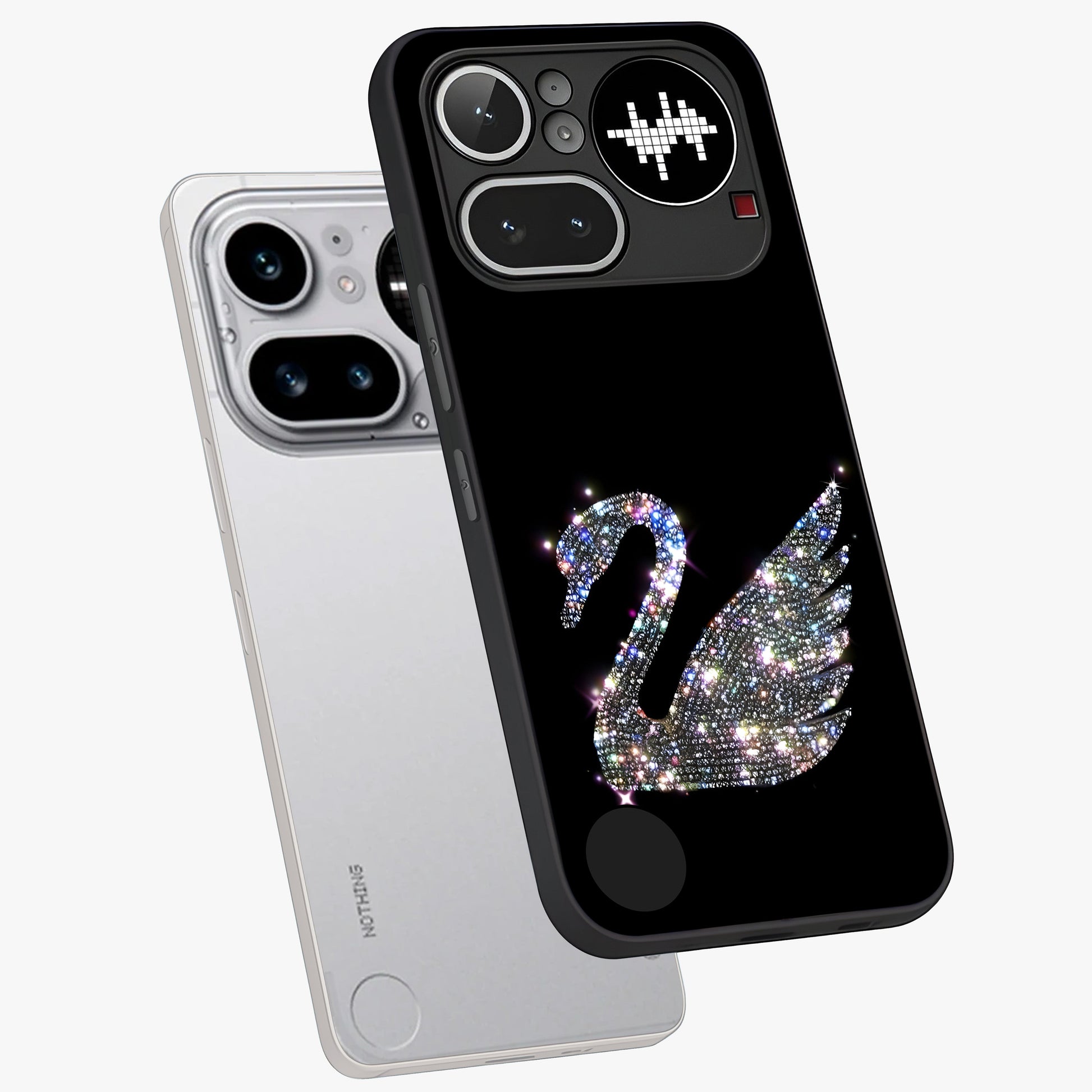 Starlit Swan Grace Glass Case displayed in angled mockup highlighting elegant swan illustration with dreamy celestial aesthetic.
