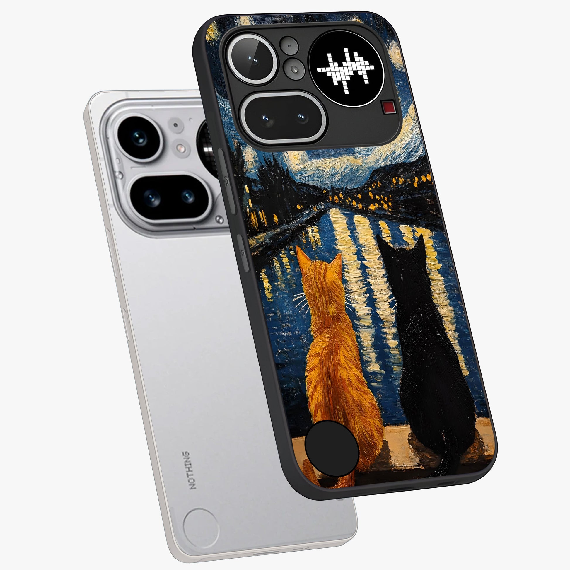 Starry River Cats Glass Case displayed in angled mockup highlighting charming feline illustration with dreamy night aesthetic.