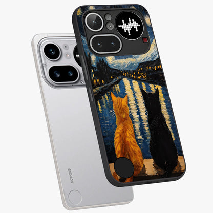 Starry River Cats Glass Case displayed in angled mockup highlighting charming feline illustration with dreamy night aesthetic.