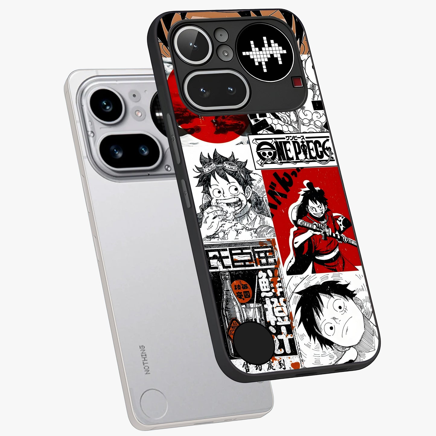 Strawhat Chaos Panels Glass Case displayed in angled mockup highlighting vibrant anime collage design with action aesthetic.