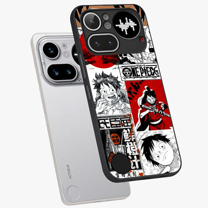 Strawhat Chaos Panels Glass Case displayed in angled mockup highlighting vibrant anime collage design with action aesthetic.