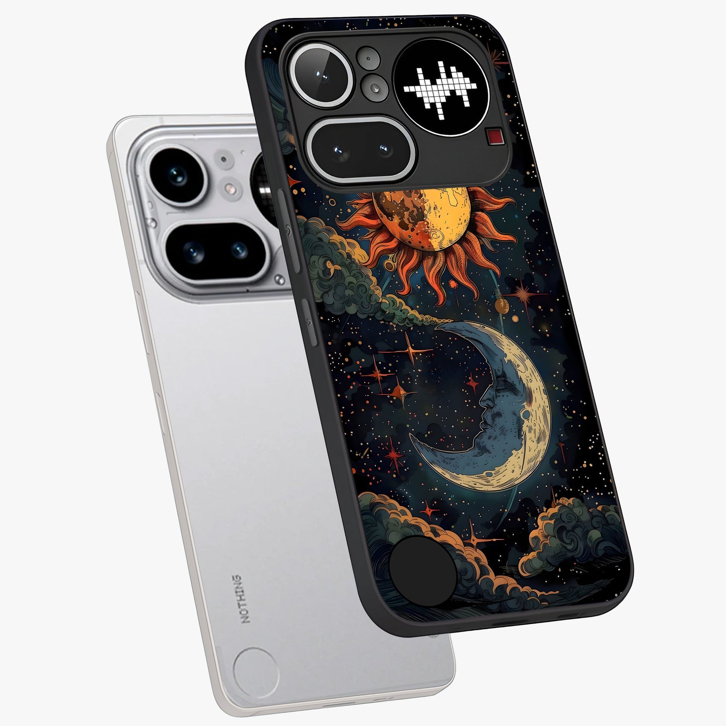 Sun And Moon Magic Design Glass Case displayed in angled mockup highlighting celestial design with magical cosmic aesthetic.