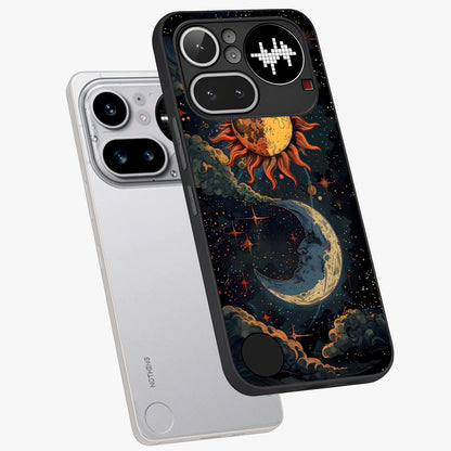 Sun And Moon Magic Design Glass Case displayed in angled mockup highlighting celestial design with magical cosmic aesthetic.