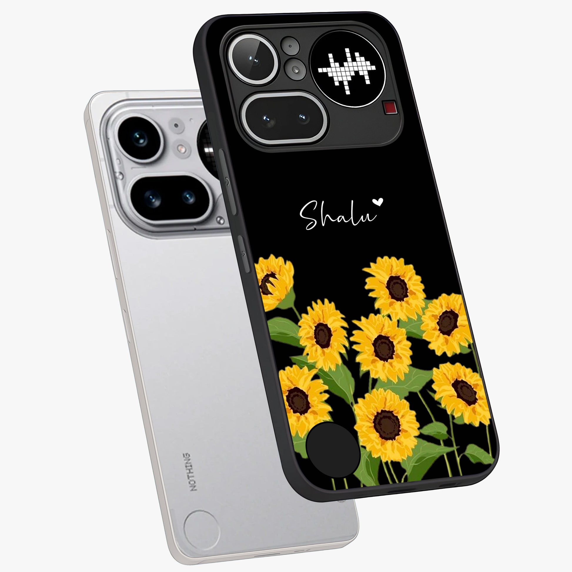 Sunflower Chic Mood Custom Name Glass Case displayed in angled mockup highlighting vibrant sunflower design with custom name feature.