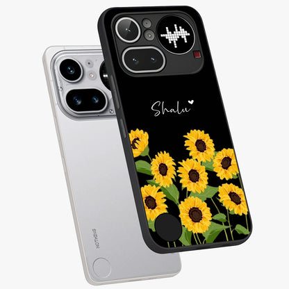 Sunflower Chic Mood Custom Name Glass Case displayed in angled mockup highlighting vibrant sunflower design with custom name feature.