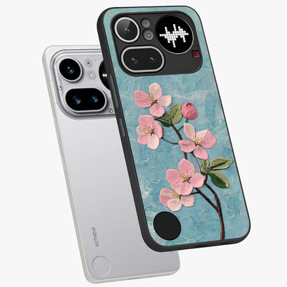 Threaded Blossom Breeze Glass Case displayed in angled mockup highlighting elegant floral design with soft aesthetic style.