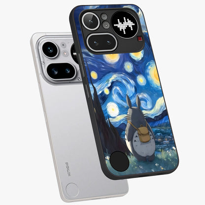 Totoro In Van Gogh Art Glass Case displayed in angled mockup highlighting artistic swirling sky design with playful animation aesthetic.