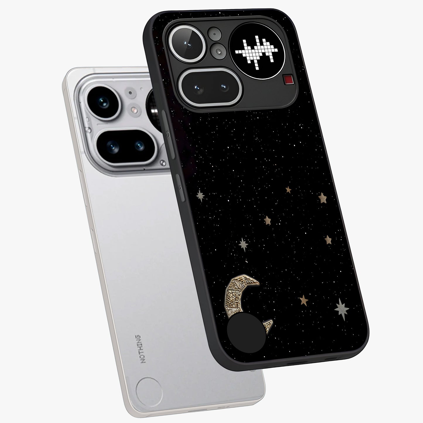 Twinkle Star With Half Moon Glass Case displayed in angled mockup highlighting celestial moon and star design with magical aesthetic.