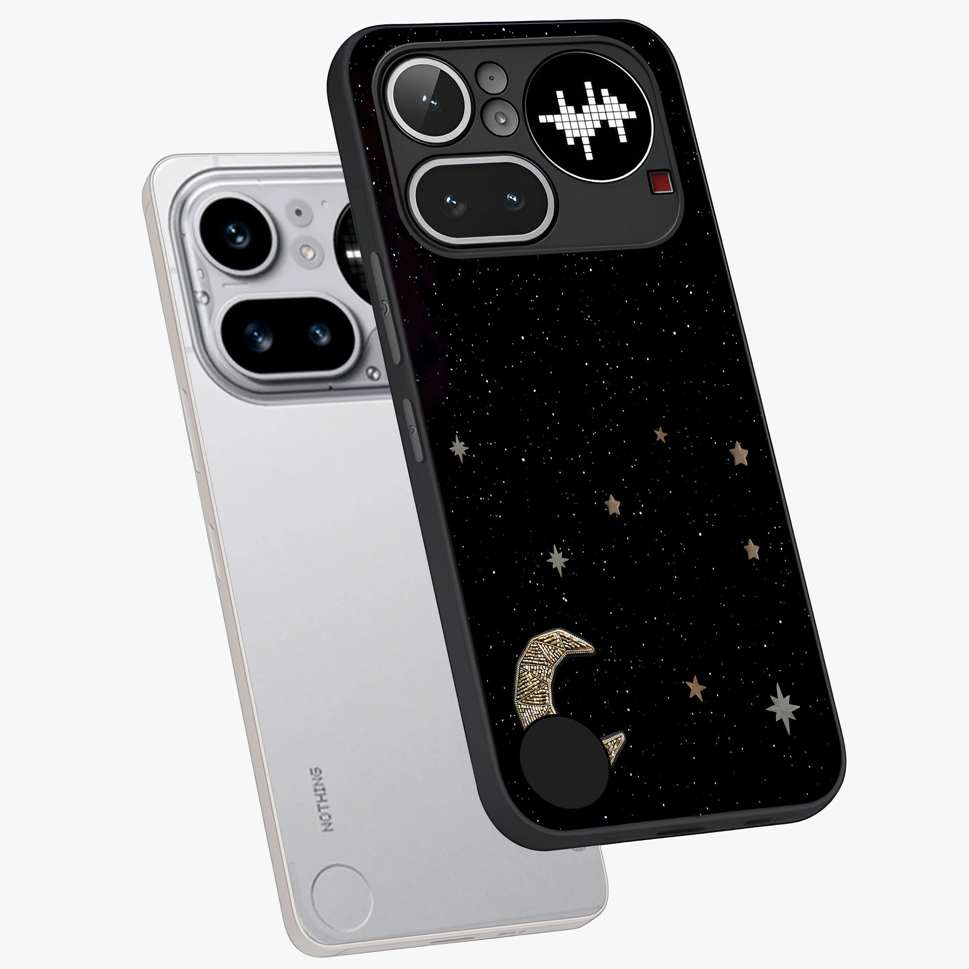 Twinkle Star With Half Moon Glass Case displayed in angled mockup highlighting celestial moon and star design with magical aesthetic.