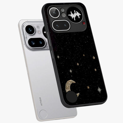 Twinkle Star With Half Moon Glass Case displayed in angled mockup highlighting celestial moon and star design with magical aesthetic.