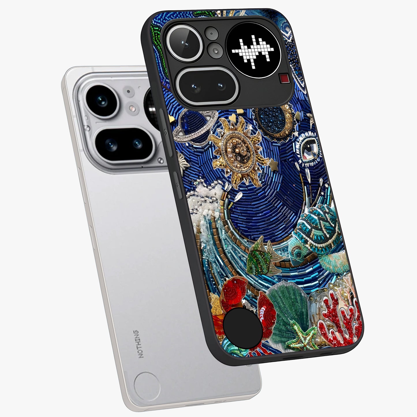 Universe Underwater Spark Glass Case displayed in angled mockup highlighting glowing aquatic design with celestial aesthetic.