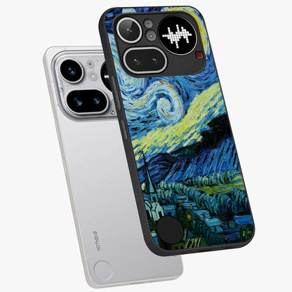 Van Gogh Art Glass Case displayed in angled mockup highlighting swirling brushstroke design with artistic aesthetic.