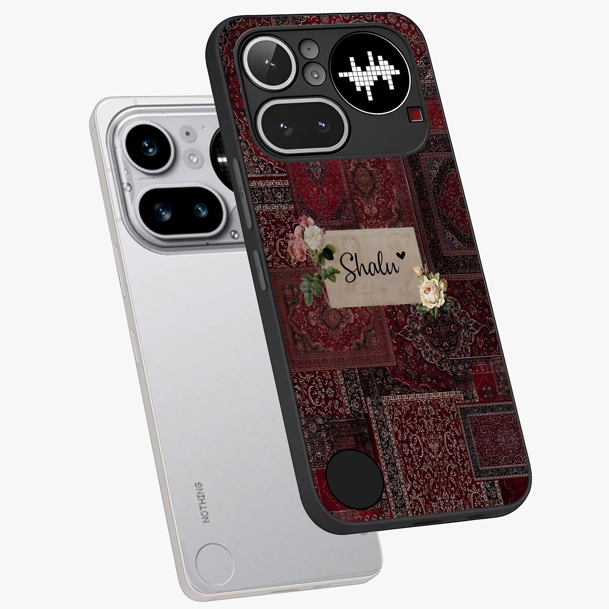 Velvet Wine Pattern Custom Name Glass Case displayed in angled mockup highlighting decorative velvet inspired design with custom name feature.