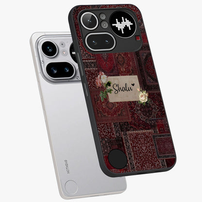 Velvet Wine Pattern Custom Name Glass Case displayed in angled mockup highlighting decorative velvet inspired design with custom name feature.