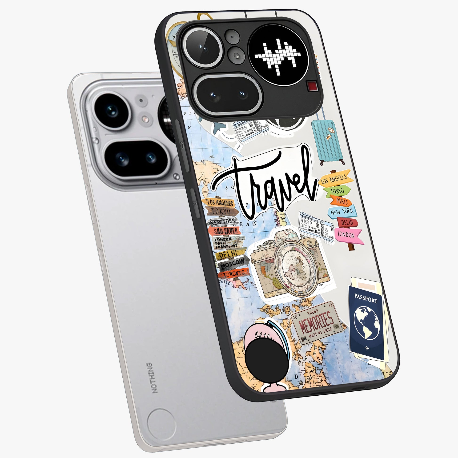 Wanderlust Journal Glass Case displayed in angled mockup highlighting adventure themed design with aesthetic travel vibe.