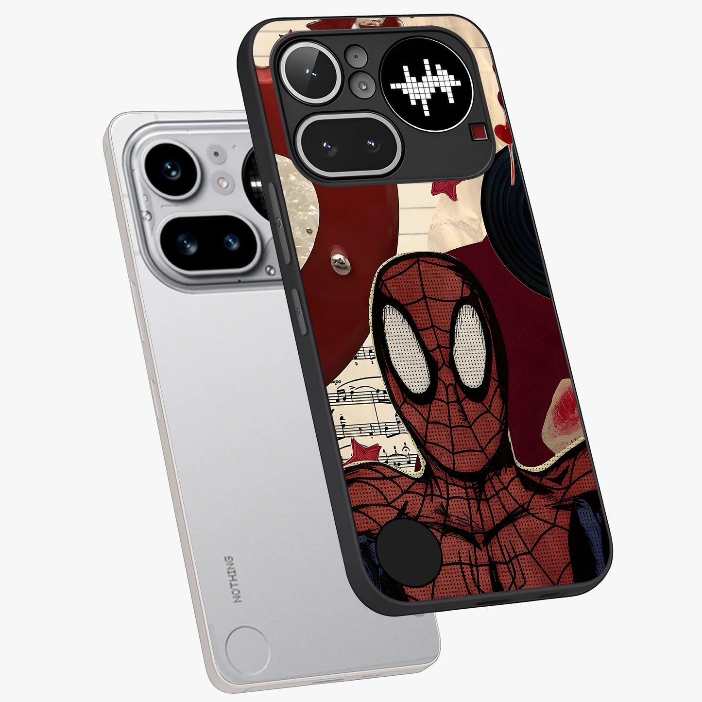 Web Warrior Vibes Glass Case displayed in angled mockup highlighting dynamic web design with comic style aesthetic.