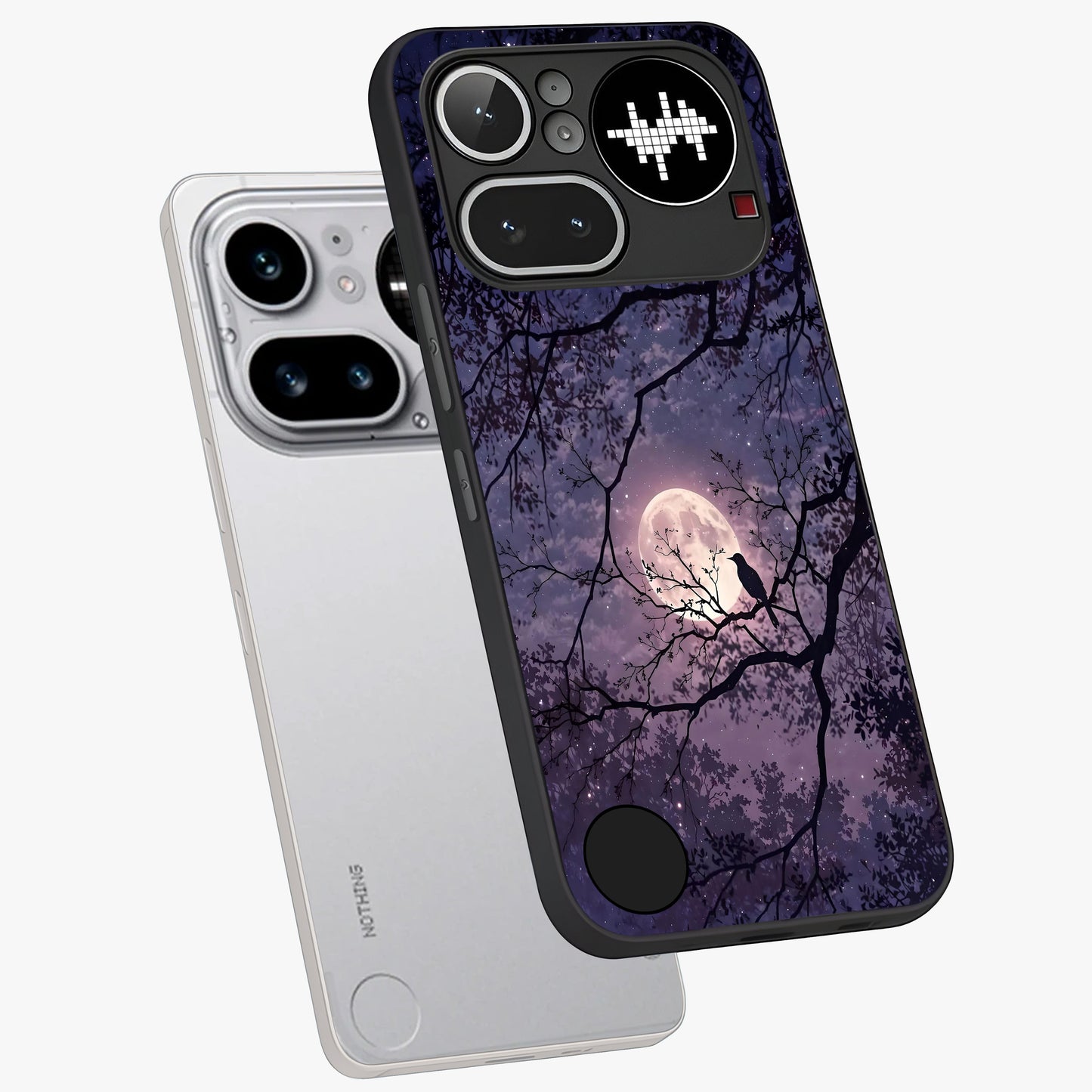 Whispering Moon Silence Glass Case displayed in angled mockup highlighting calm lunar design with dreamy night aesthetic.