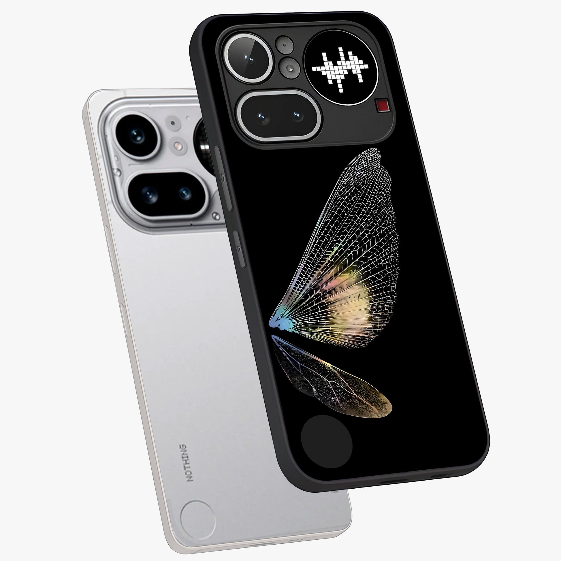 Whispers Of Wings Glass Case displayed in angled mockup highlighting soft feather design with celestial aesthetic style.
