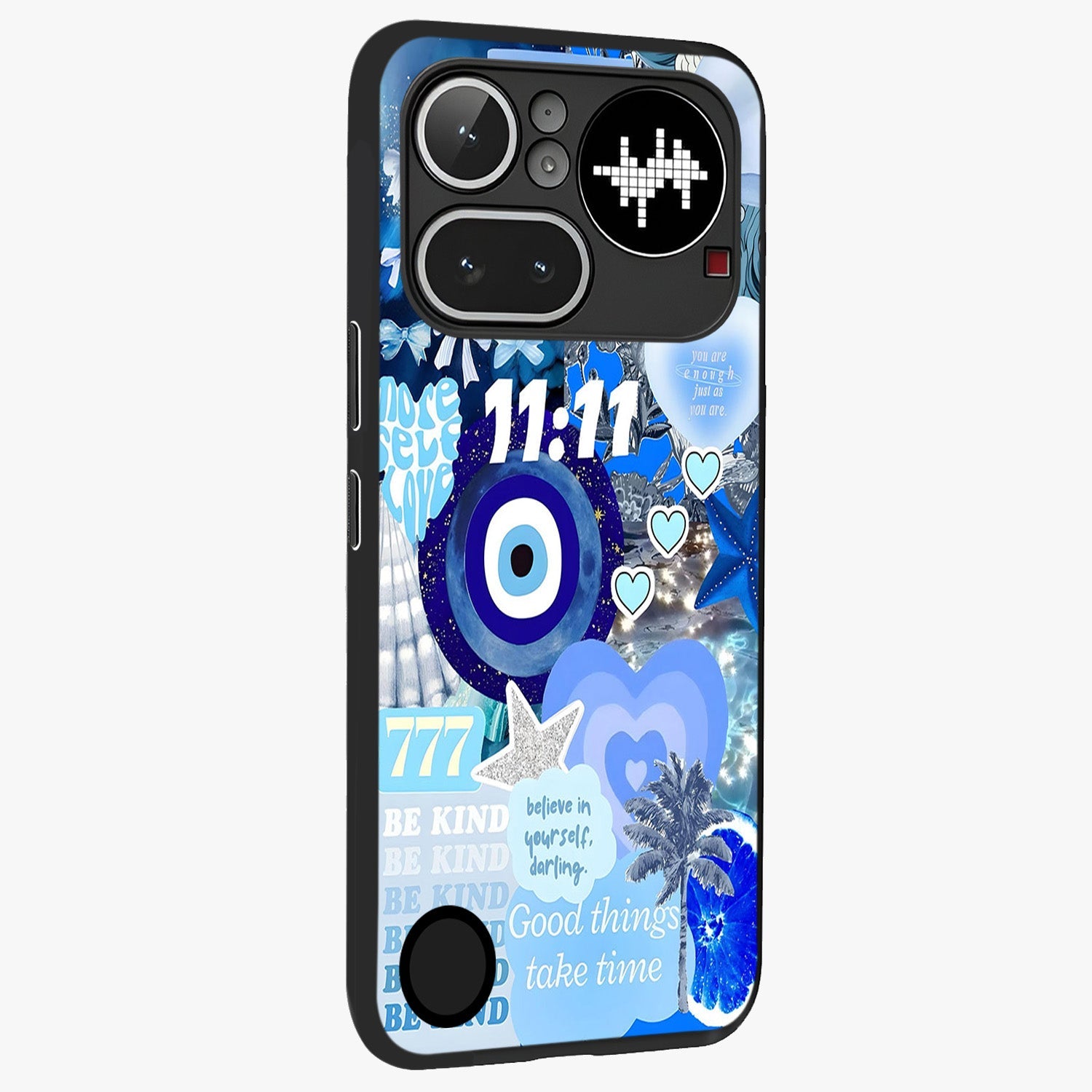 Aesthetic Be Kind Eye Glass Case upright view showcasing stylish eye illustration with positive message theme.