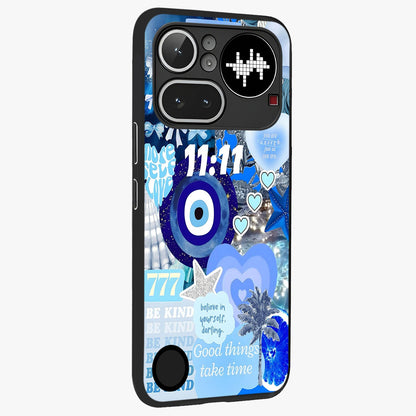 Aesthetic Be Kind Eye Glass Case upright view showcasing stylish eye illustration with positive message theme.