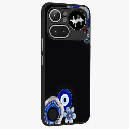 Aesthetic Blue Evil Eye Glass Case upright view showcasing mystical evil eye graphic with minimal aesthetic style.