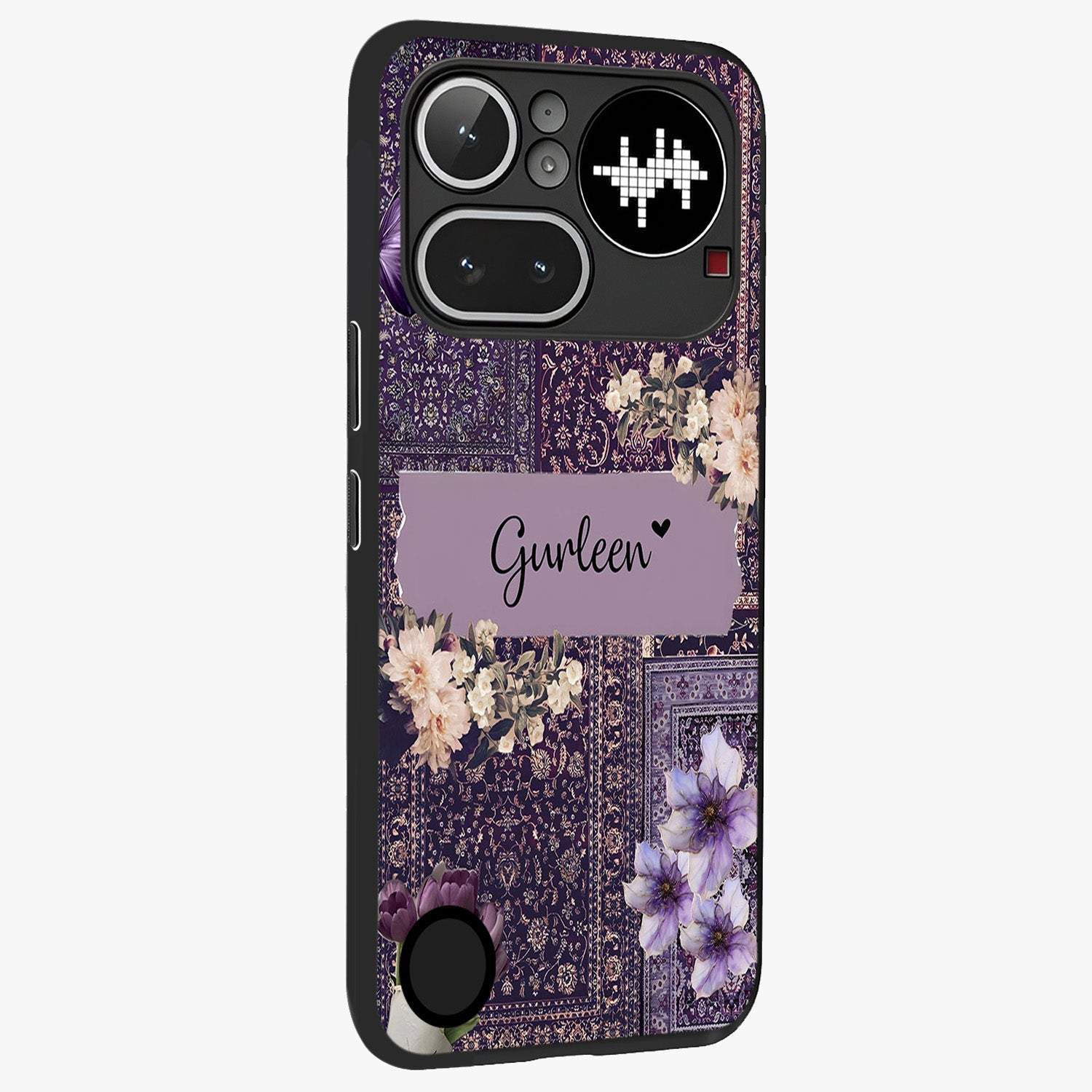 Antique Floral Whisper Custom Name Glass Case upright view showcasing delicate floral artwork with custom name feature.