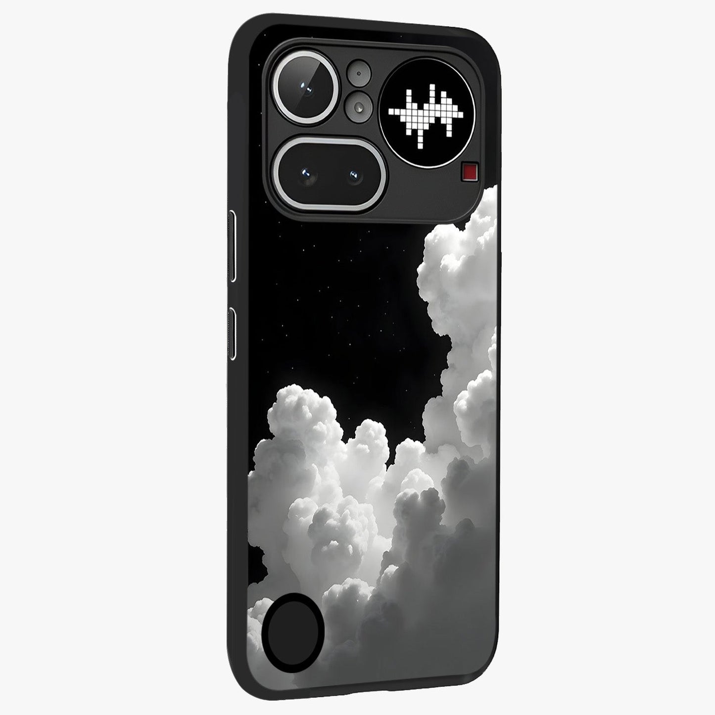 Black Background With White Cloud Glass Case upright view showcasing calm cloud aesthetic with modern minimal style.