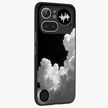 Black Background With White Cloud Glass Case upright view showcasing calm cloud aesthetic with modern minimal style.