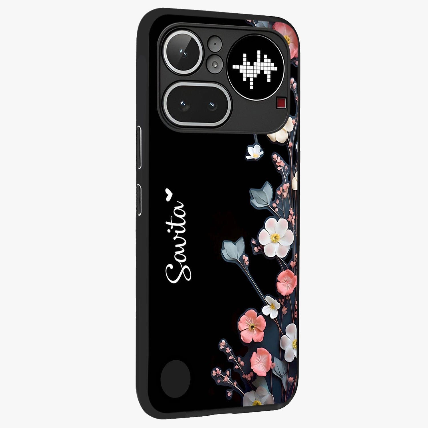 Black Elegance Floral Custom Name Glass Case upright view showcasing luxurious black floral design with personalized name detail.