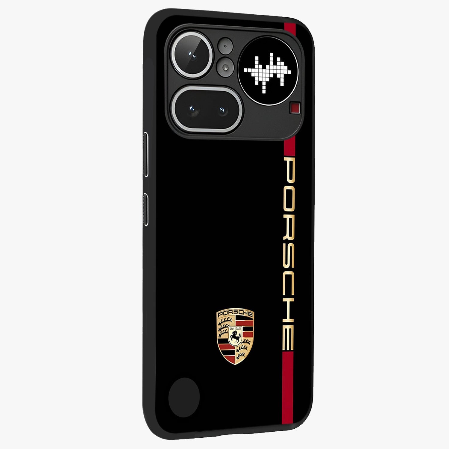 Black Minimal Porsche Glass Case upright view showcasing stylish automotive artwork with bold minimal theme.