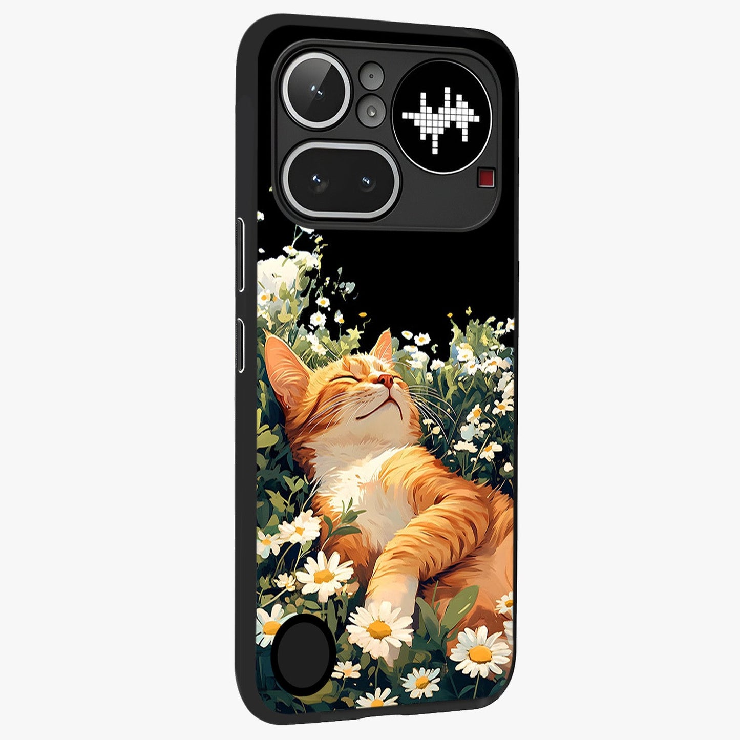 Blissful Bloom Cat Glass Case upright view showcasing charming cat design surrounded by blooming floral elements.
