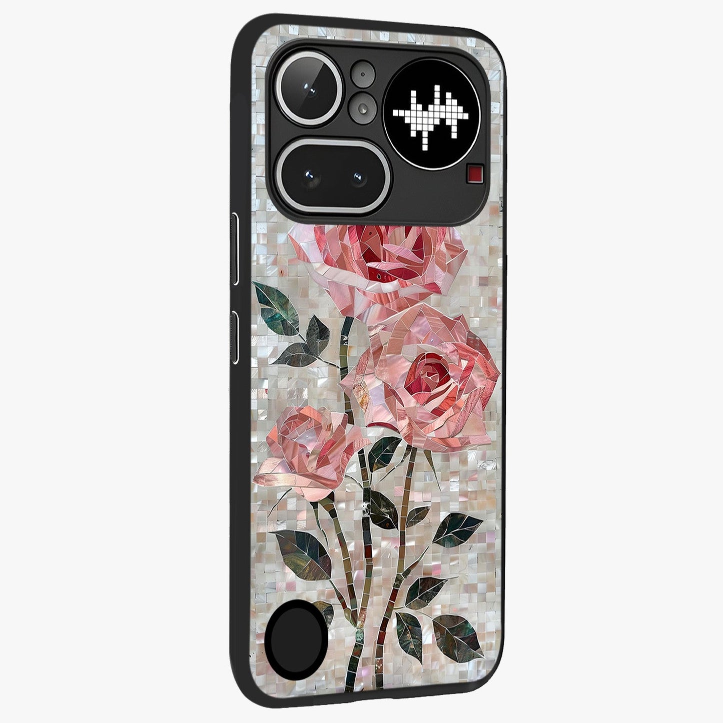 Blush Mosaic Bloom Glass Case upright view showcasing decorative floral mosaic artwork with stylish modern aesthetic.