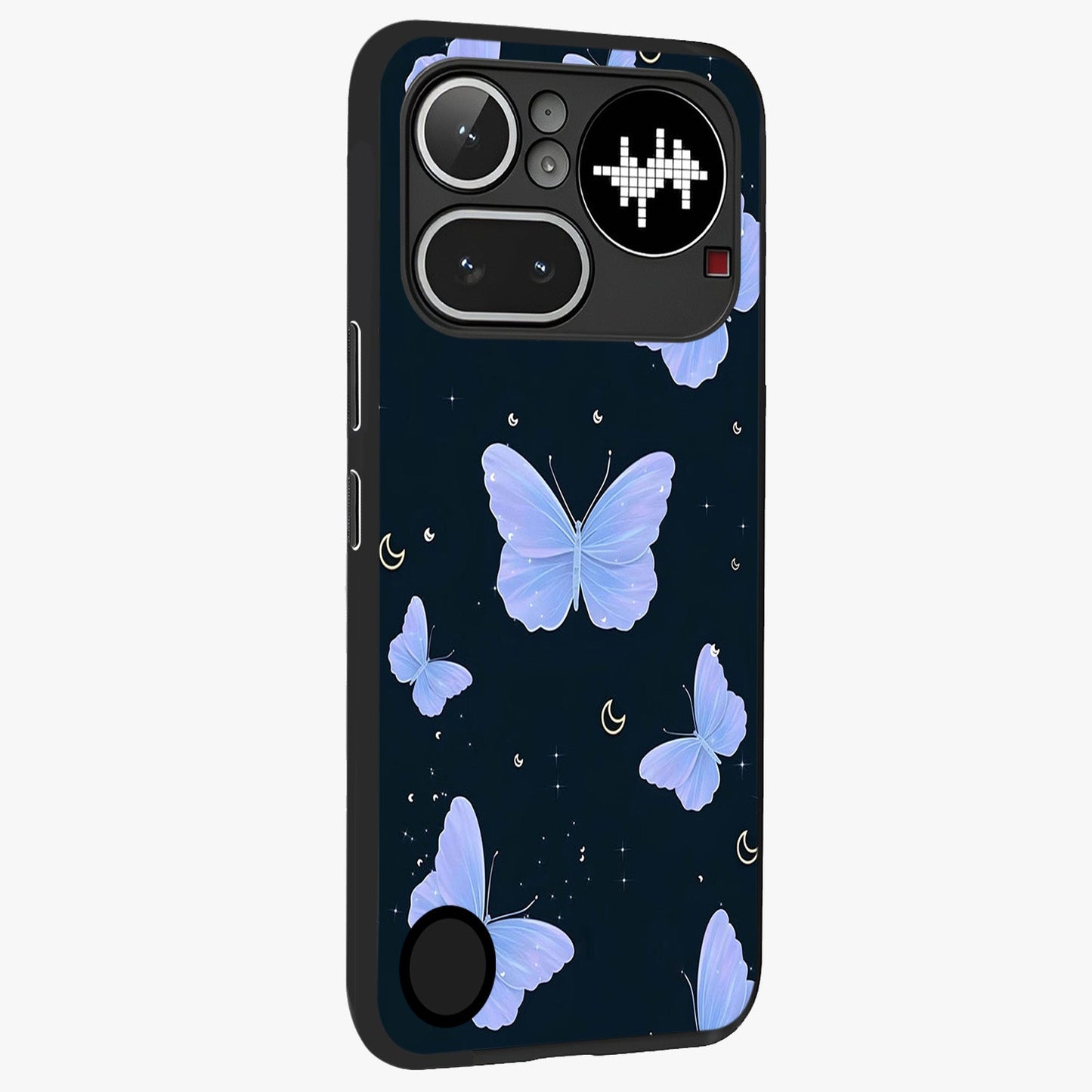 Butterfly With Stars Pattern Glass Case upright view showcasing celestial butterfly artwork with sparkling star elements.