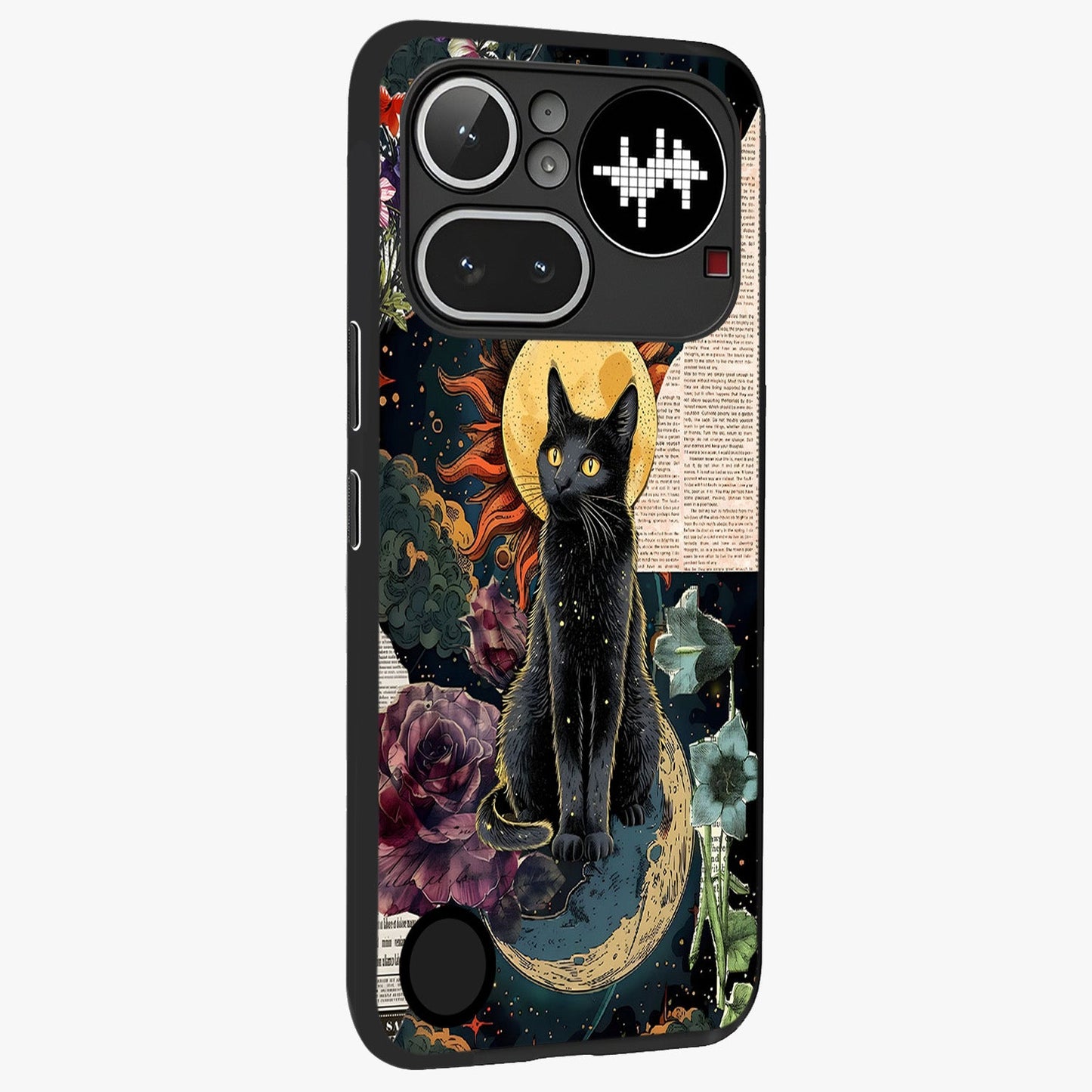 Celestial Black Cat Glass Case upright view showcasing magical black cat illustration with starry cosmic theme.