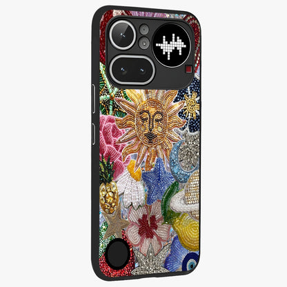 Celestial Floral and Playful Glass Case upright view showcasing whimsical floral artwork with cosmic aesthetic theme.