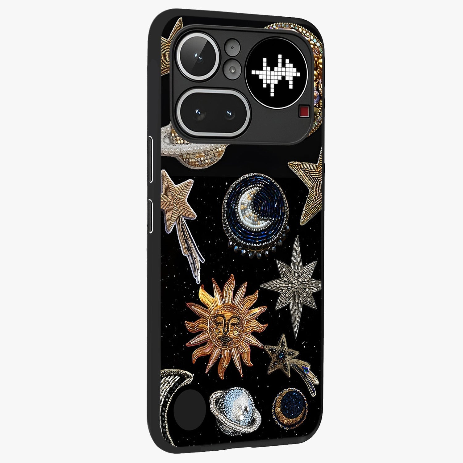 Celestial Gem Constellations Glass Case upright view showcasing cosmic constellation artwork with celestial aesthetic style.