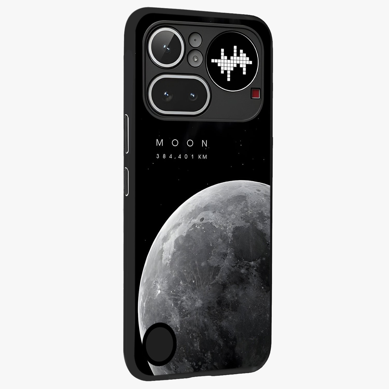 Cosmic Moon Glow Glass Case upright view showcasing luminous moon illustration with dreamy cosmic style.