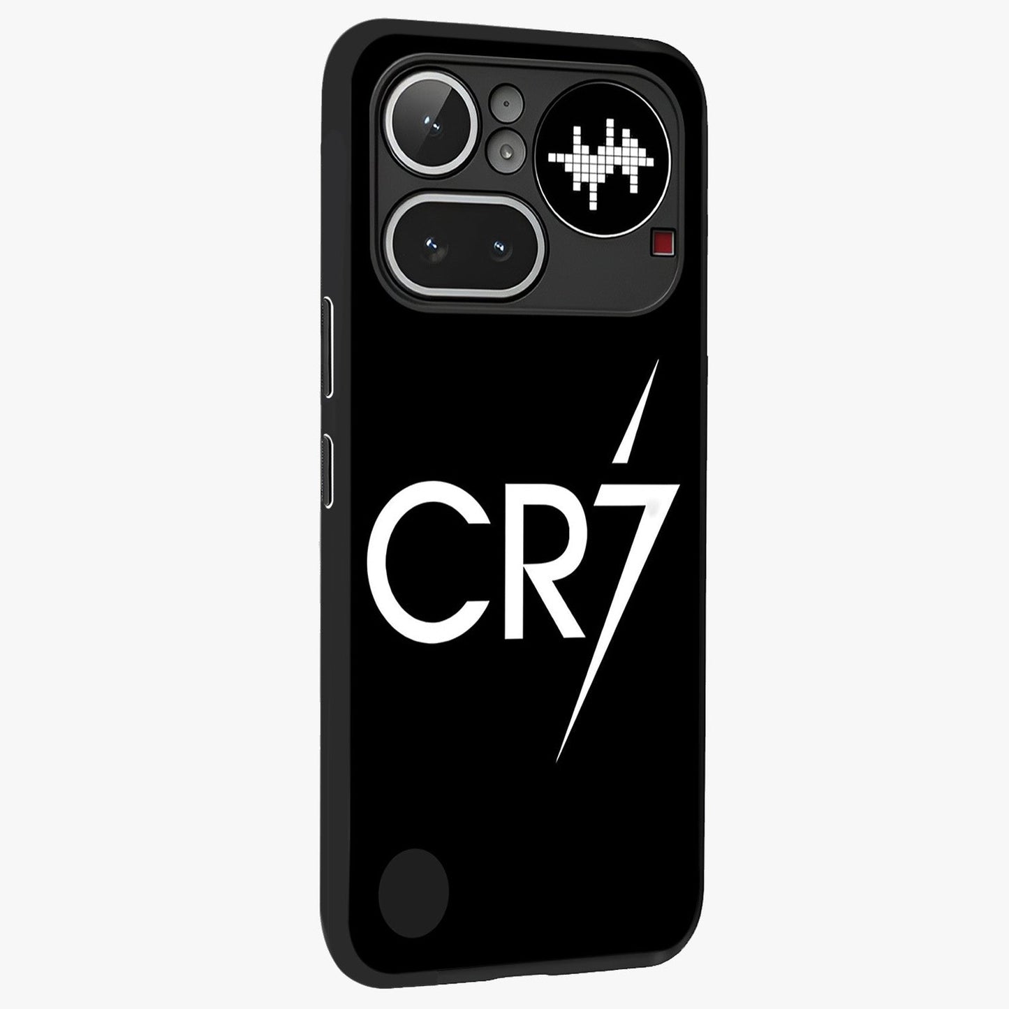 Cr7 Elite Strike Glass Case upright view showcasing energetic football inspired design with modern sports aesthetic.