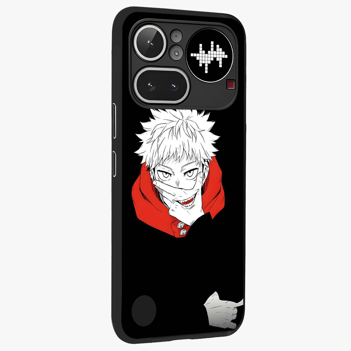 Crimson Chaos Smile Glass Case upright view showcasing expressive chaotic artwork with striking visual theme.