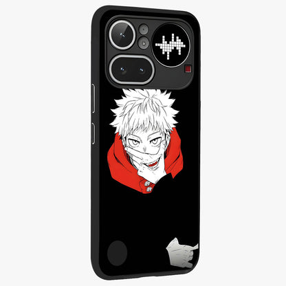 Crimson Chaos Smile Glass Case upright view showcasing expressive chaotic artwork with striking visual theme.