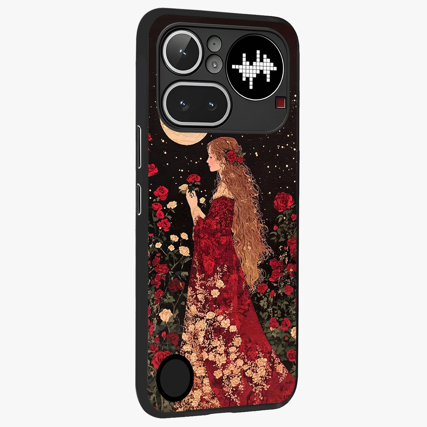 Crimson Dreams Glass Case upright view showcasing dreamy red toned artwork with modern aesthetic style.