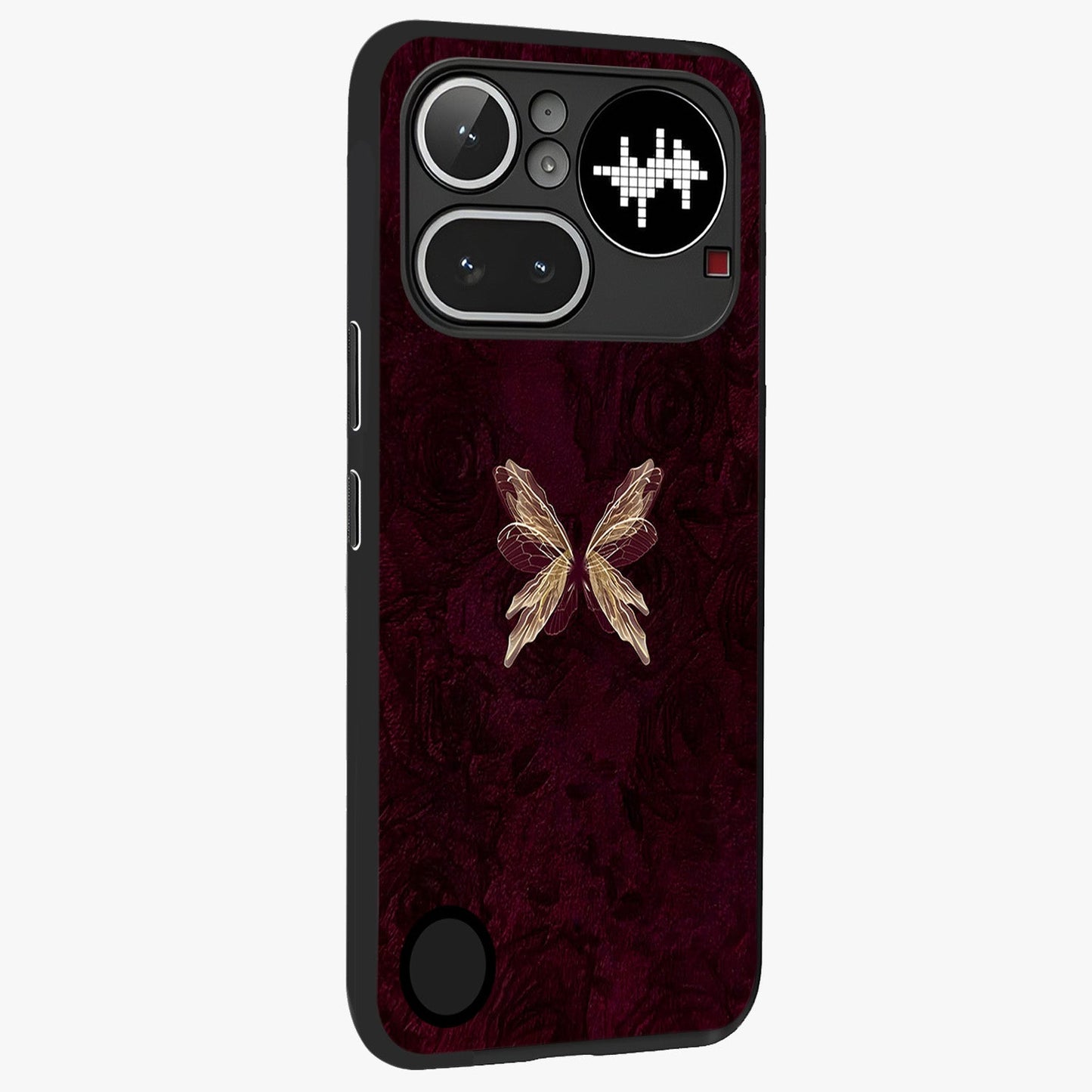 Crimson Fade Butterfly Glass Case upright view showcasing graceful butterfly artwork with soft crimson fade effect.