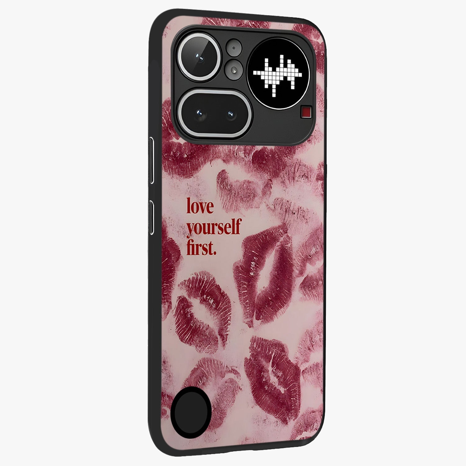 Crimson Kiss Love Glass Case upright view showcasing expressive romantic artwork with deep crimson theme.