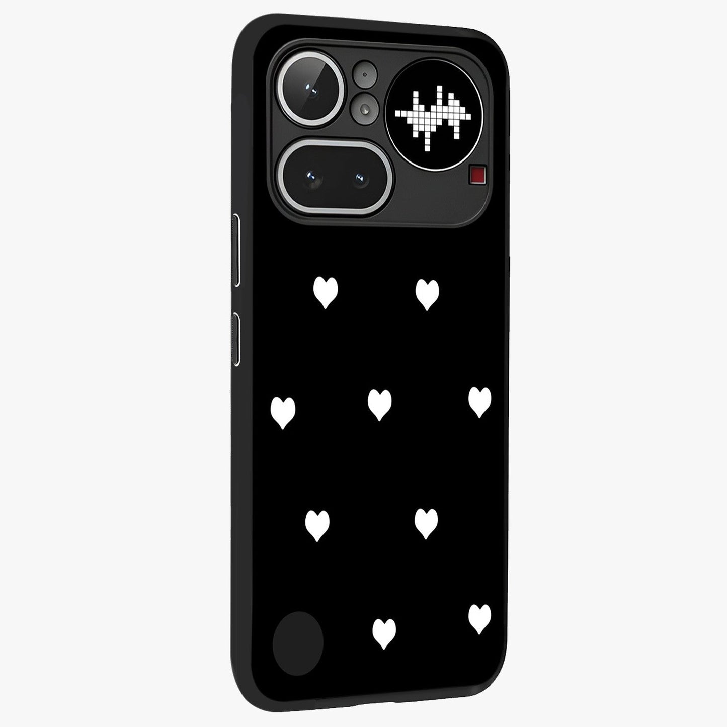 Cute And Simple White Hearts Glass Case upright view showcasing simple white hearts artwork with soft minimal theme.