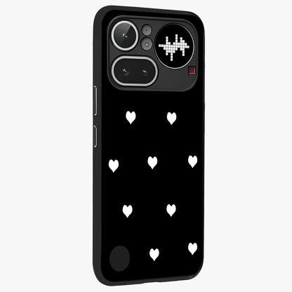 Cute And Simple White Hearts Glass Case upright view showcasing simple white hearts artwork with soft minimal theme.