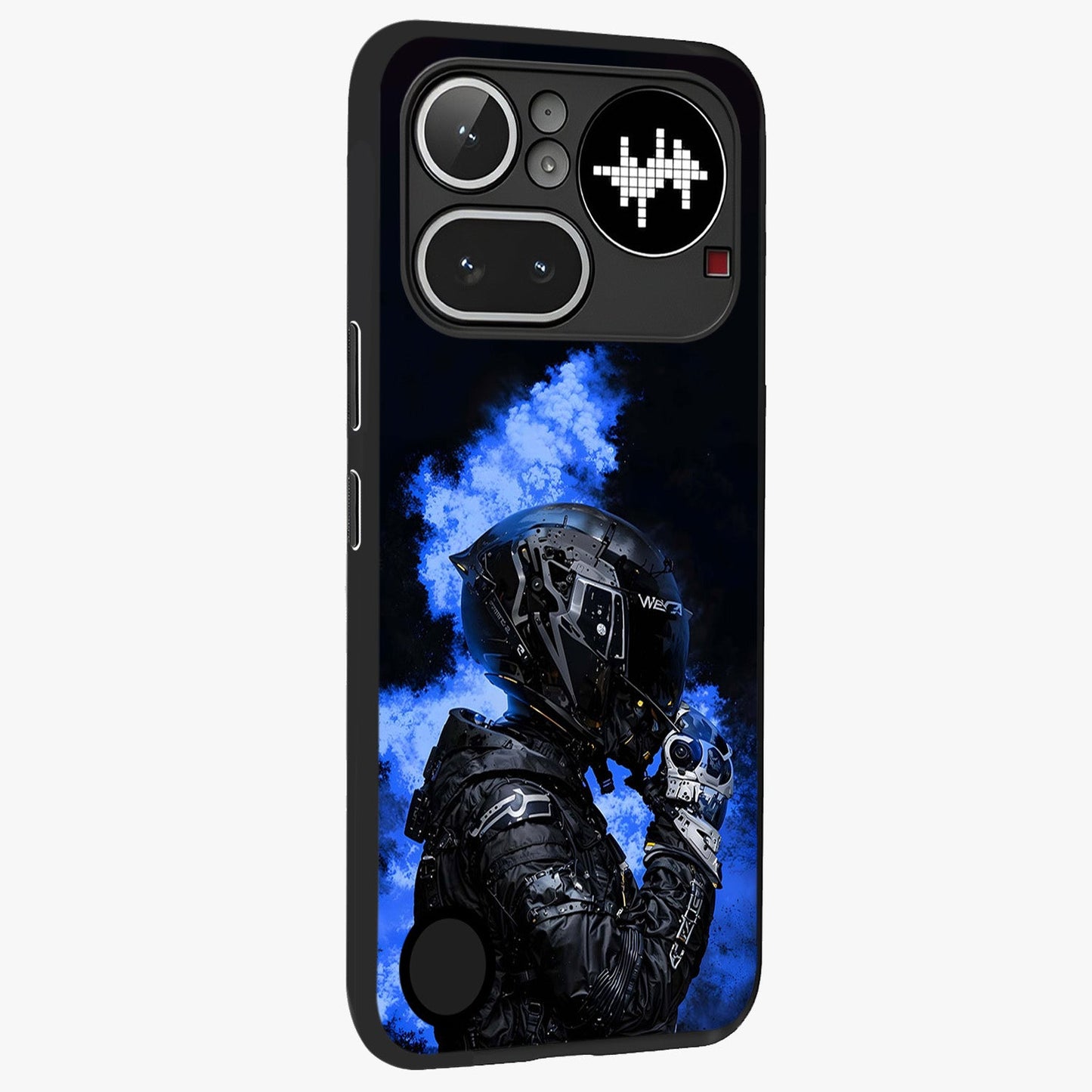 Cyber Sentinel Protocol Glass Case upright view showcasing advanced cyber sentinel artwork with futuristic tech theme.