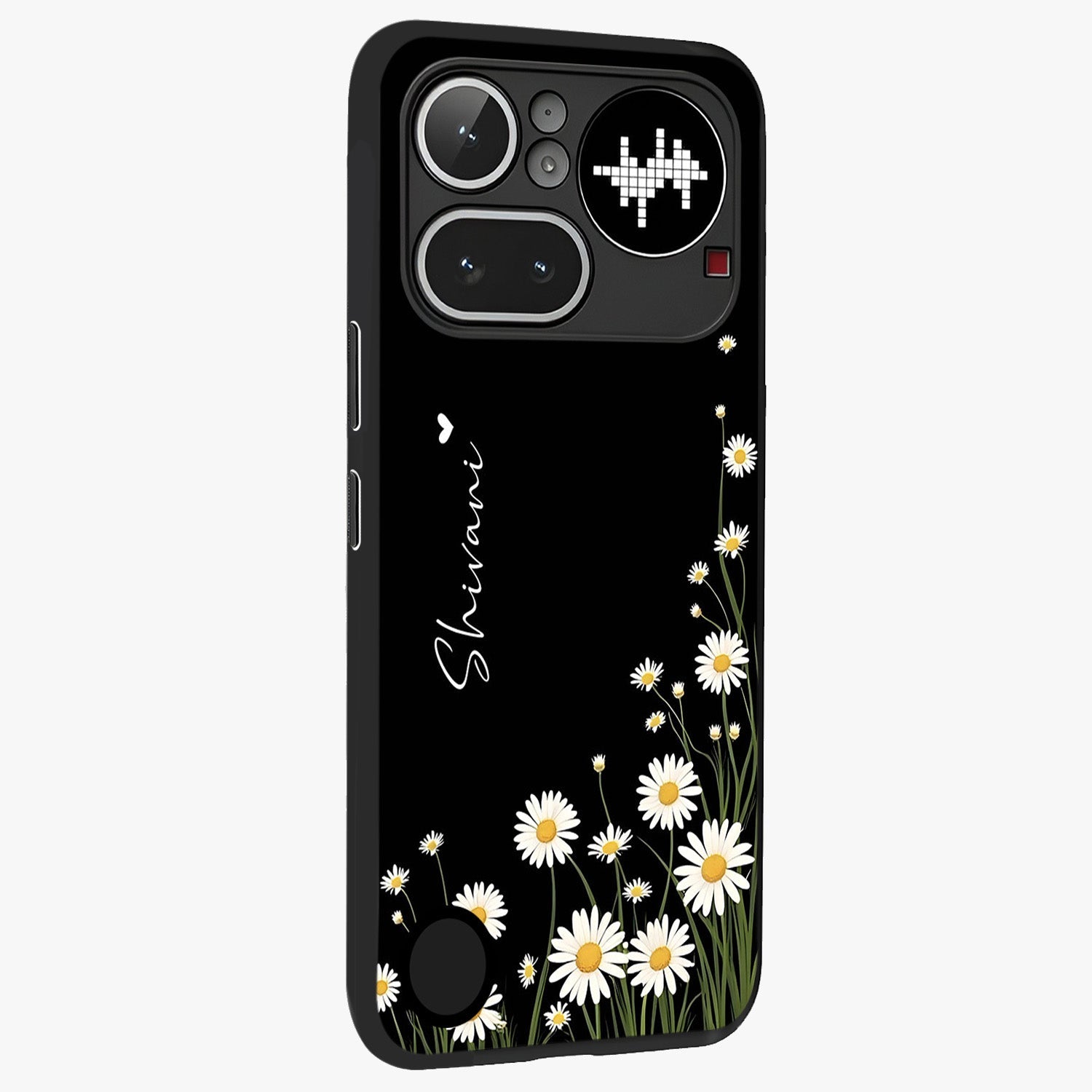 Daisy Cascade Custom Name Glass Case upright view showcasing elegant floral cascade design with personalized aesthetic.